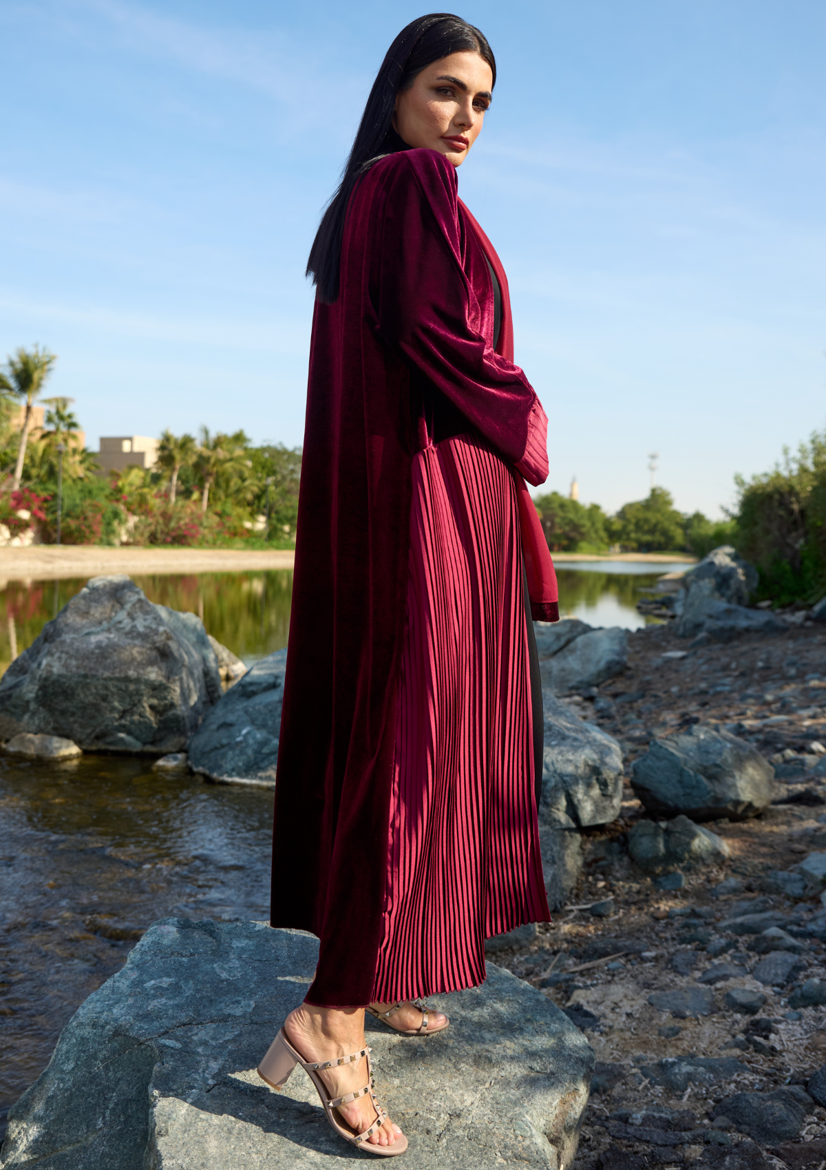 Maroon Velvet Abaya with Pleated Panel