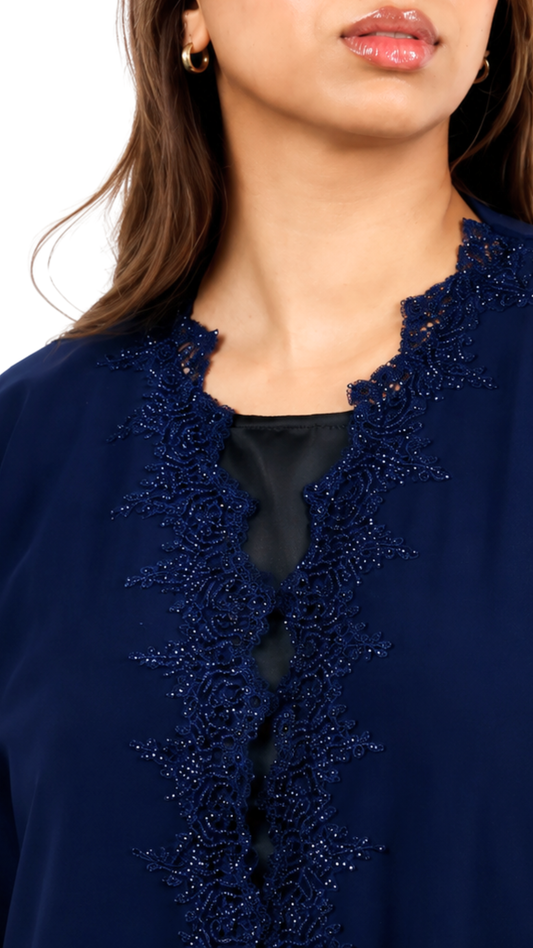 Midnight Onyx Beaded Lace Abaya with Matching Sheila
