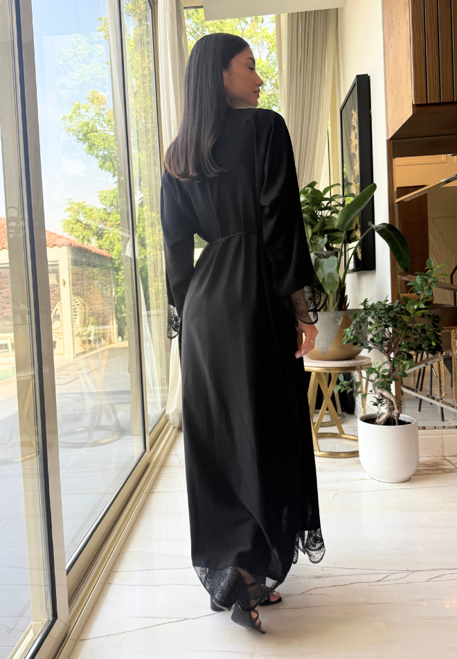Jameela Jet Black Open Abaya with Floral Lace Sleeves 3pcs Set (Abaya, Inner & Hijab) with Belt – Elegant Modest Fashion for Women