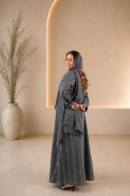 Silver Thread Grey Open Abaya | Elegant Embroidered Modest Wear