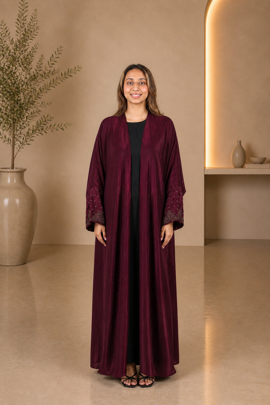 Luxury Maroon Shimmer Open Abaya with Embellished Sleeve Detailing