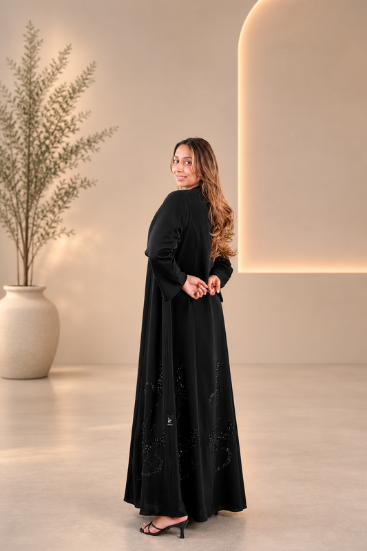Sophisticated Noir Abaya with Delicate Sparkle Embroidery