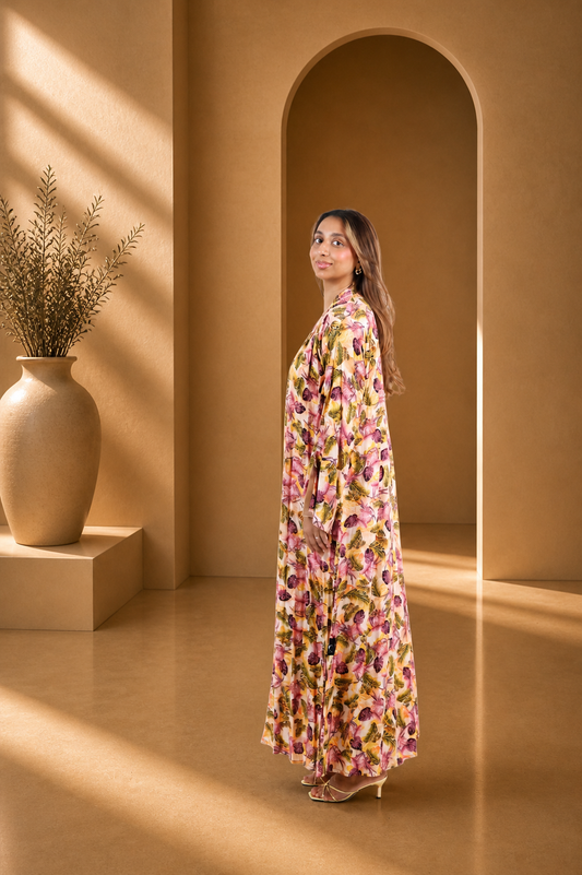 Blossom Garden Printed Open Abaya Set | Elegant Floral Modest Wear for Women