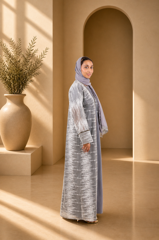 Silver Mist Textured Open Abaya Set | Contemporary Grey Modest Wear for Women