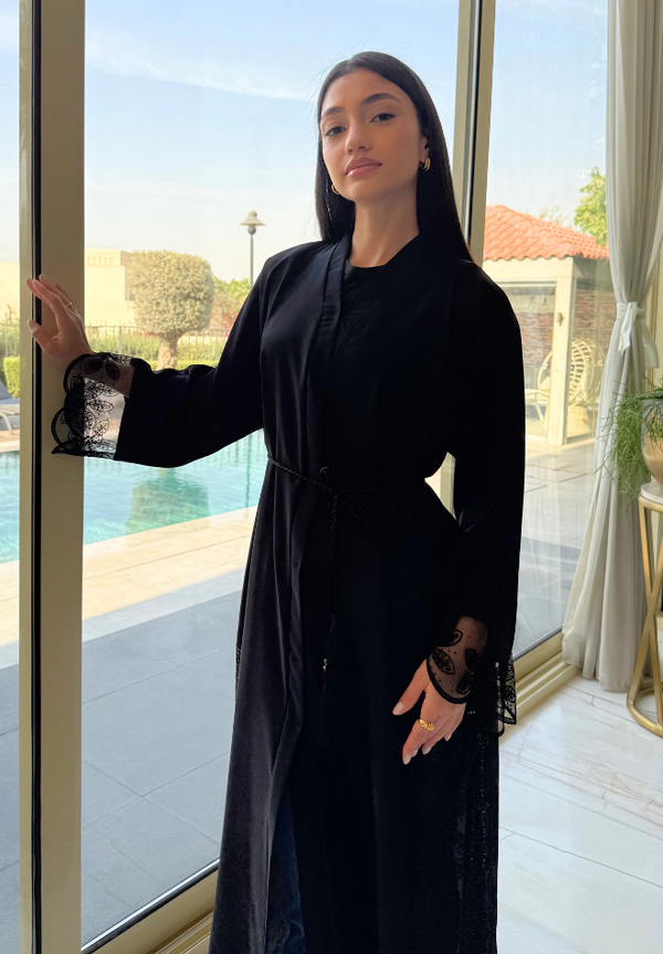 Jameela Jet Black Open Abaya with Floral Lace Sleeves 3pcs Set (Abaya, Inner & Hijab) with Belt – Elegant Modest Fashion for Women