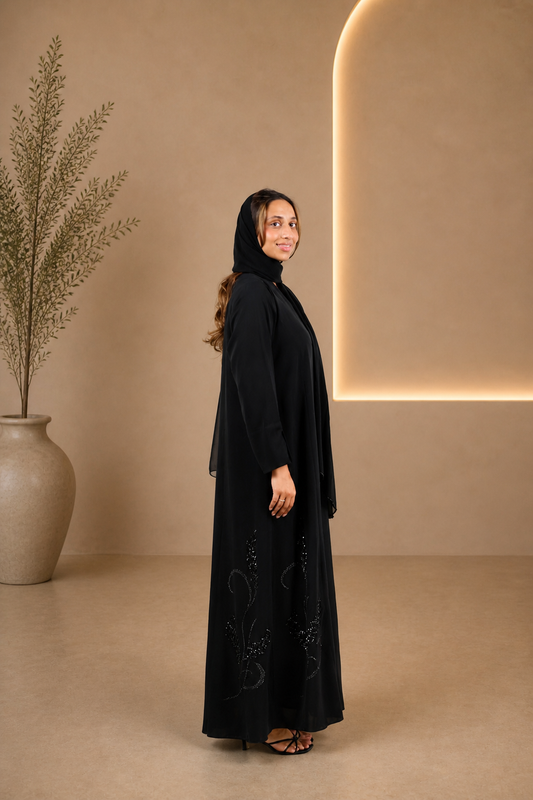Sophisticated Noir Abaya with Delicate Sparkle Embroidery