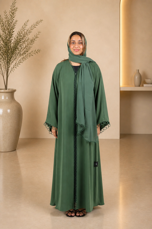 Elegant Olive Green Open Abaya with Circular Trim Detail
