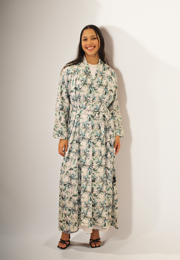 Green Floral Printed Summer Abaya - Nida Fabric
