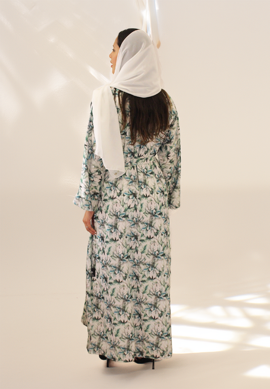 Green Floral Printed Summer Abaya - Nida Fabric