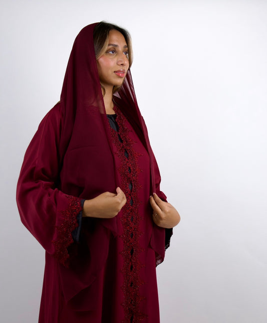 Crimson Majesty Stone-Embellished Abaya