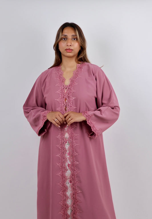 Dusty Rose Lace-Accent Abaya Set