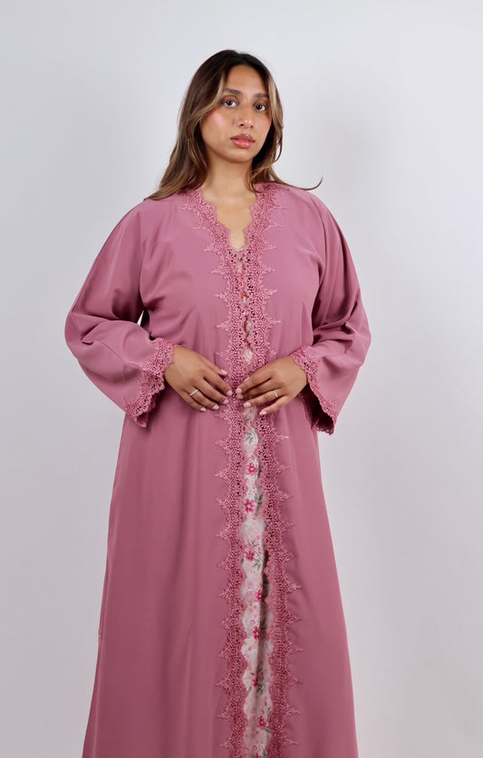 Dusty Rose Lace-Accent Abaya Set
