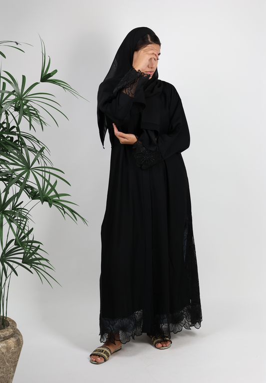 Jameela Jet Black Open Abaya with Floral Lace Sleeves 3pcs