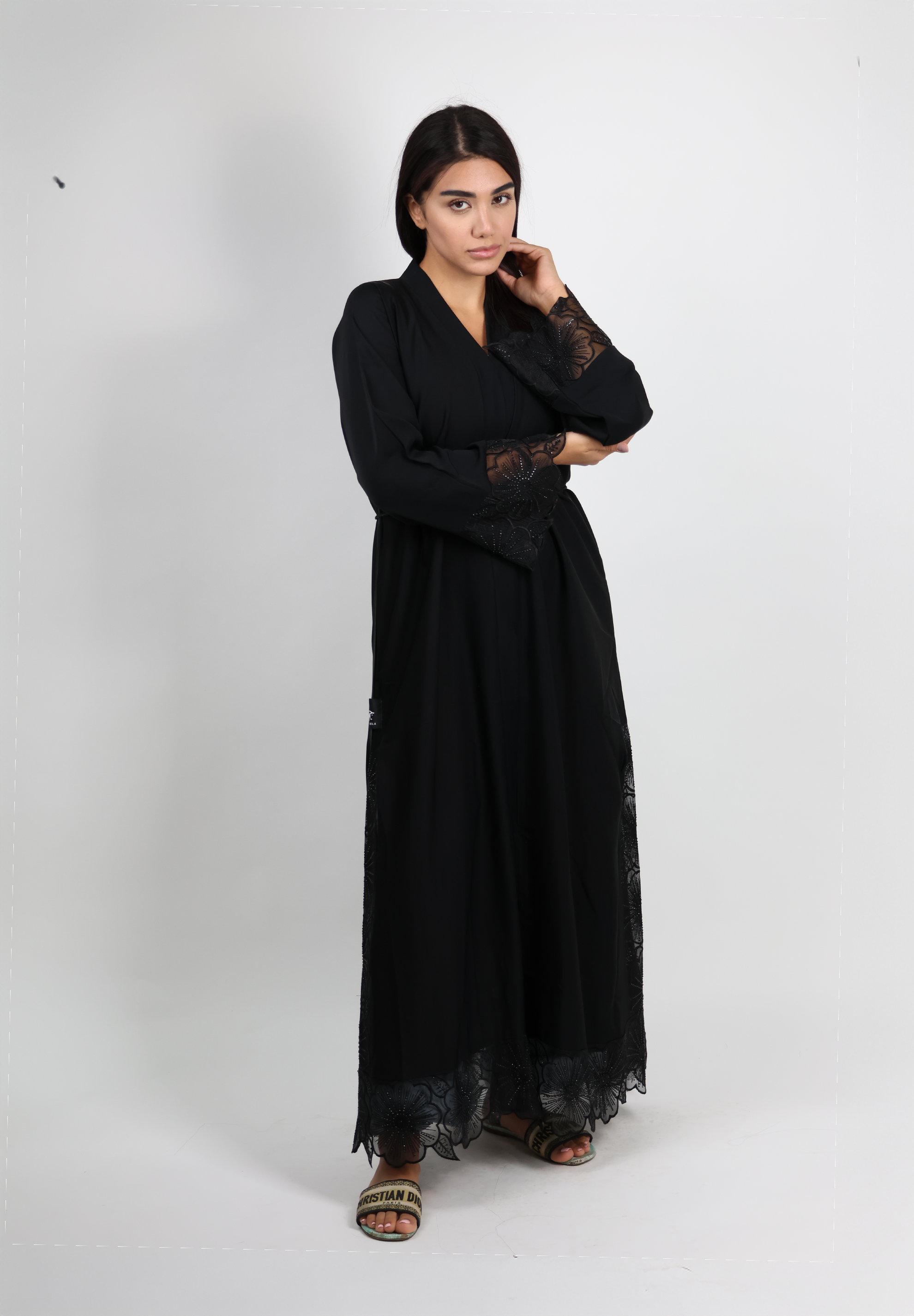 Jameela Jet Black Open Abaya with Floral Lace Sleeves 3pcs