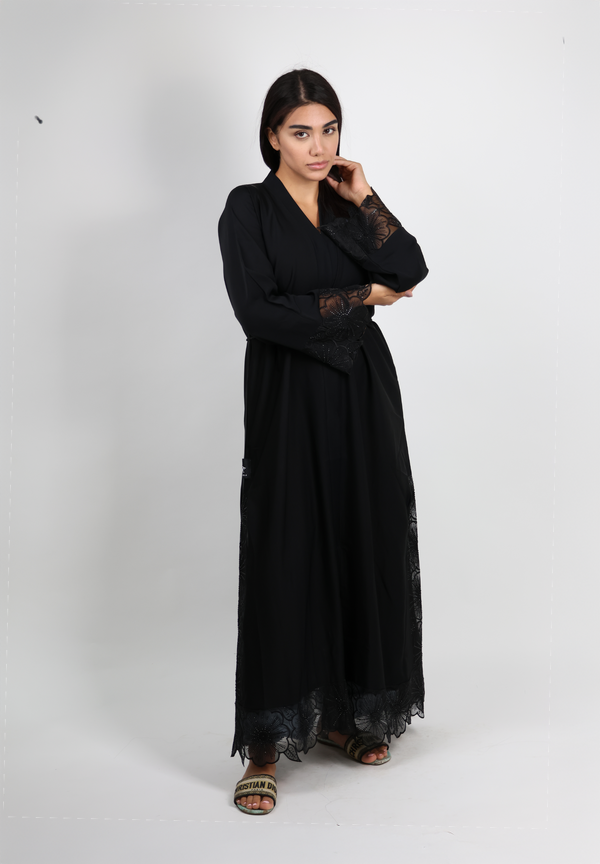 Jameela Jet Black Open Abaya with Floral Lace Sleeves 3pcs