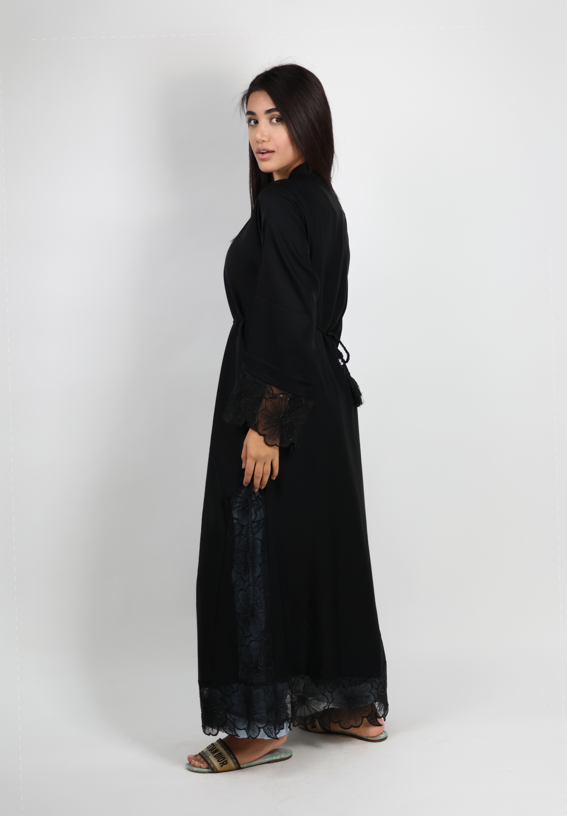 Jameela Jet Black Open Abaya with Floral Lace Sleeves 3pcs