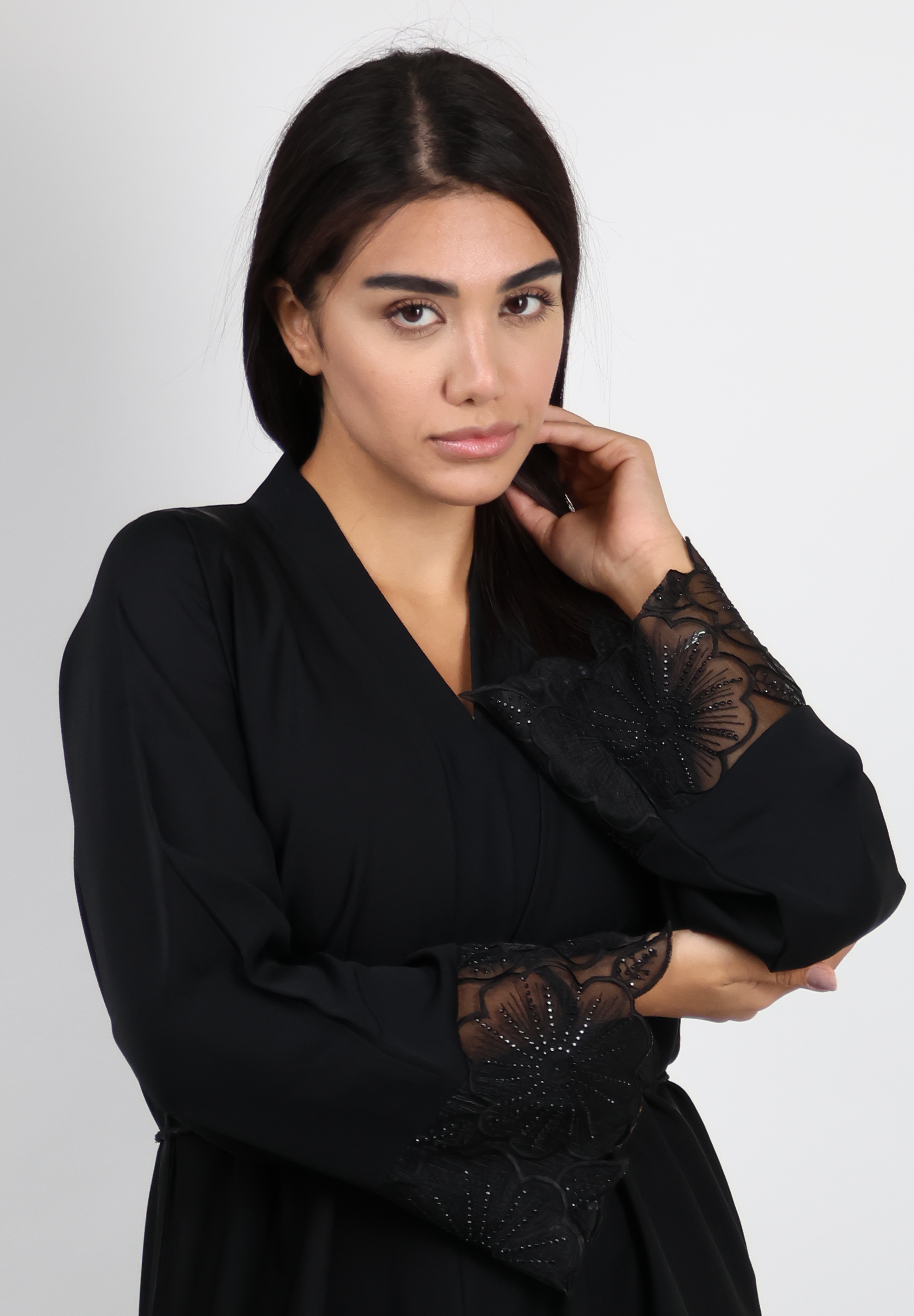 Jameela Jet Black Open Abaya with Floral Lace Sleeves 3pcs