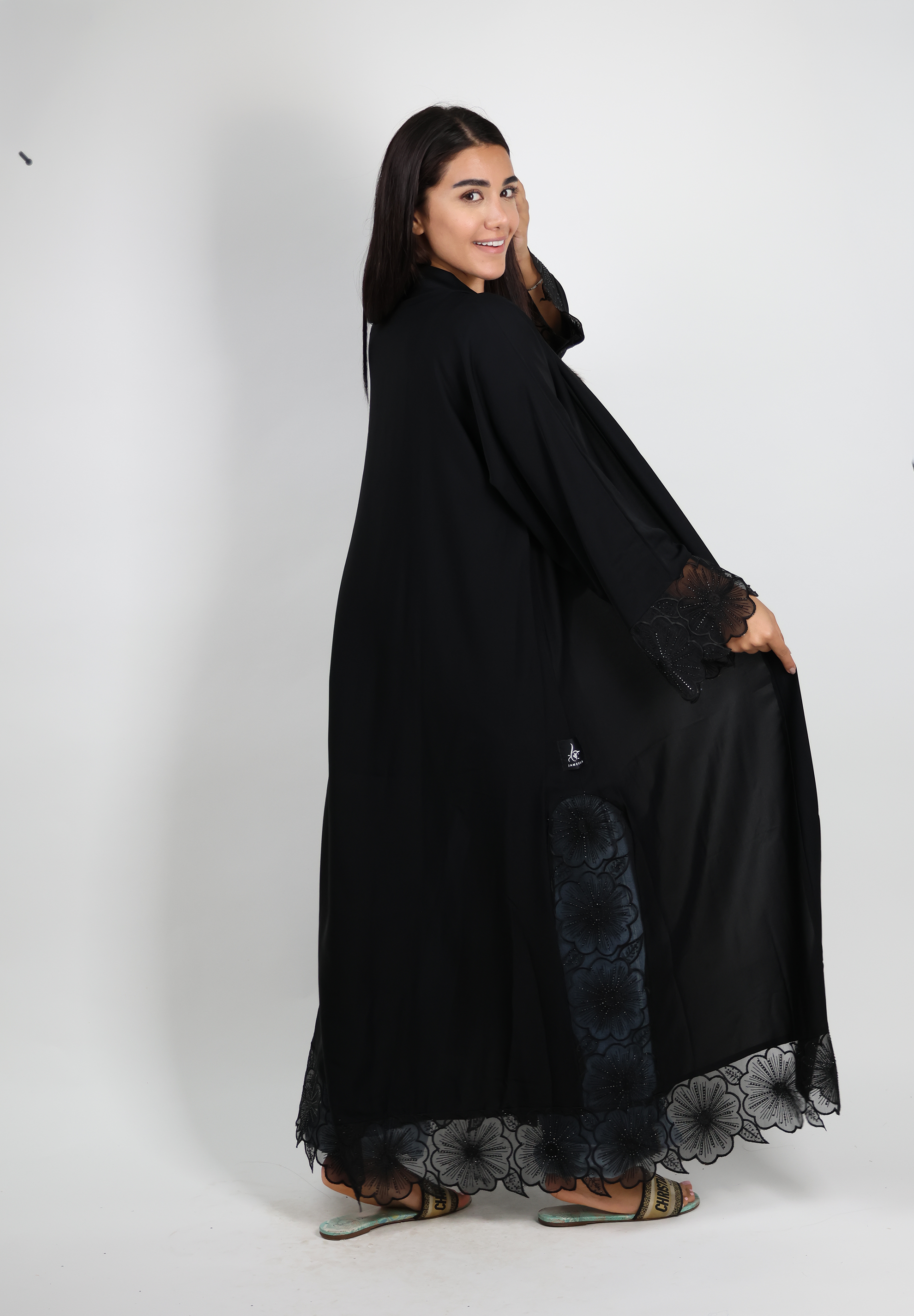 Jameela Jet Black Open Abaya with Floral Lace Sleeves 3pcs