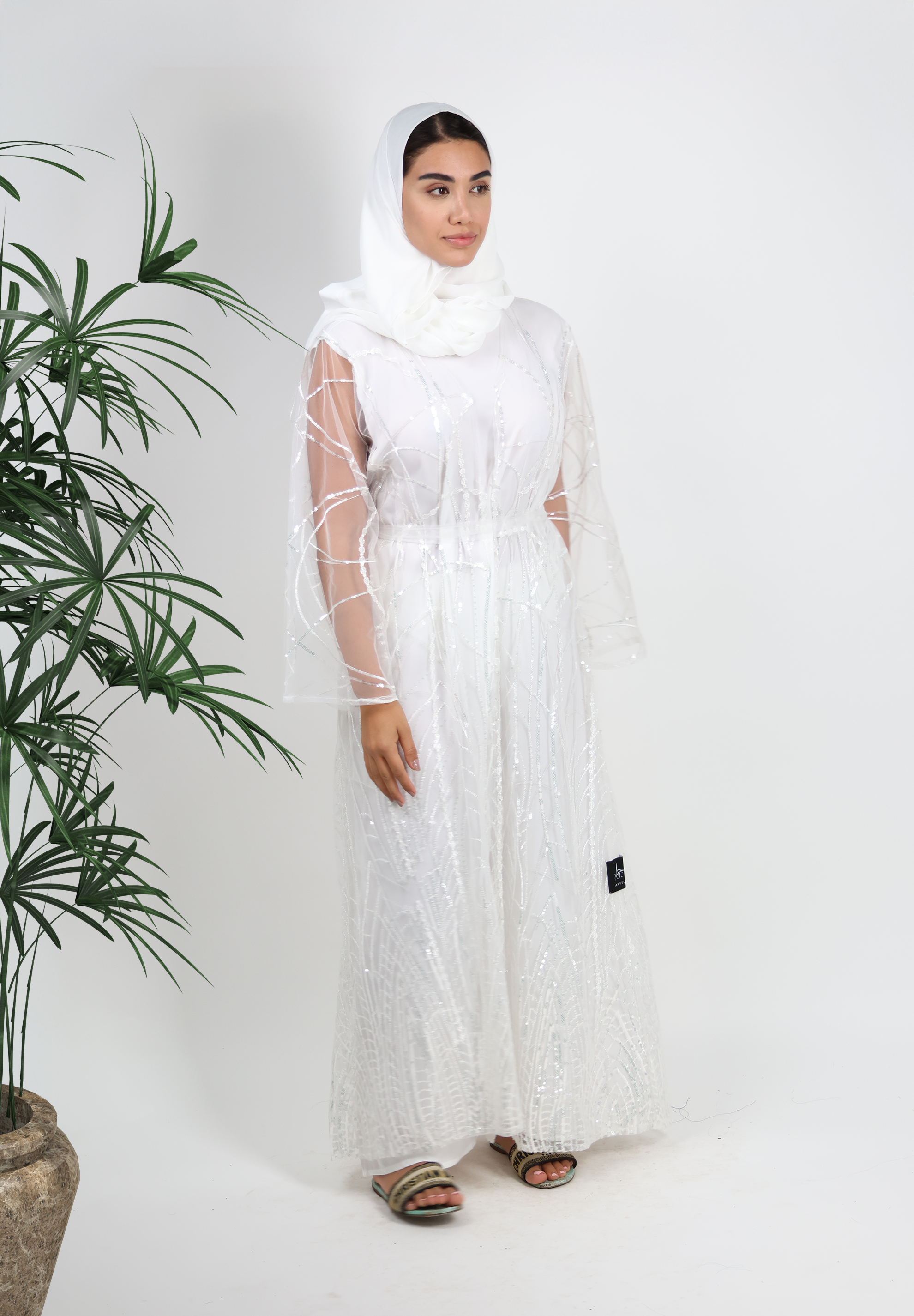 Radiant Sparkle White Abaya with Sheer Embellished Overlay