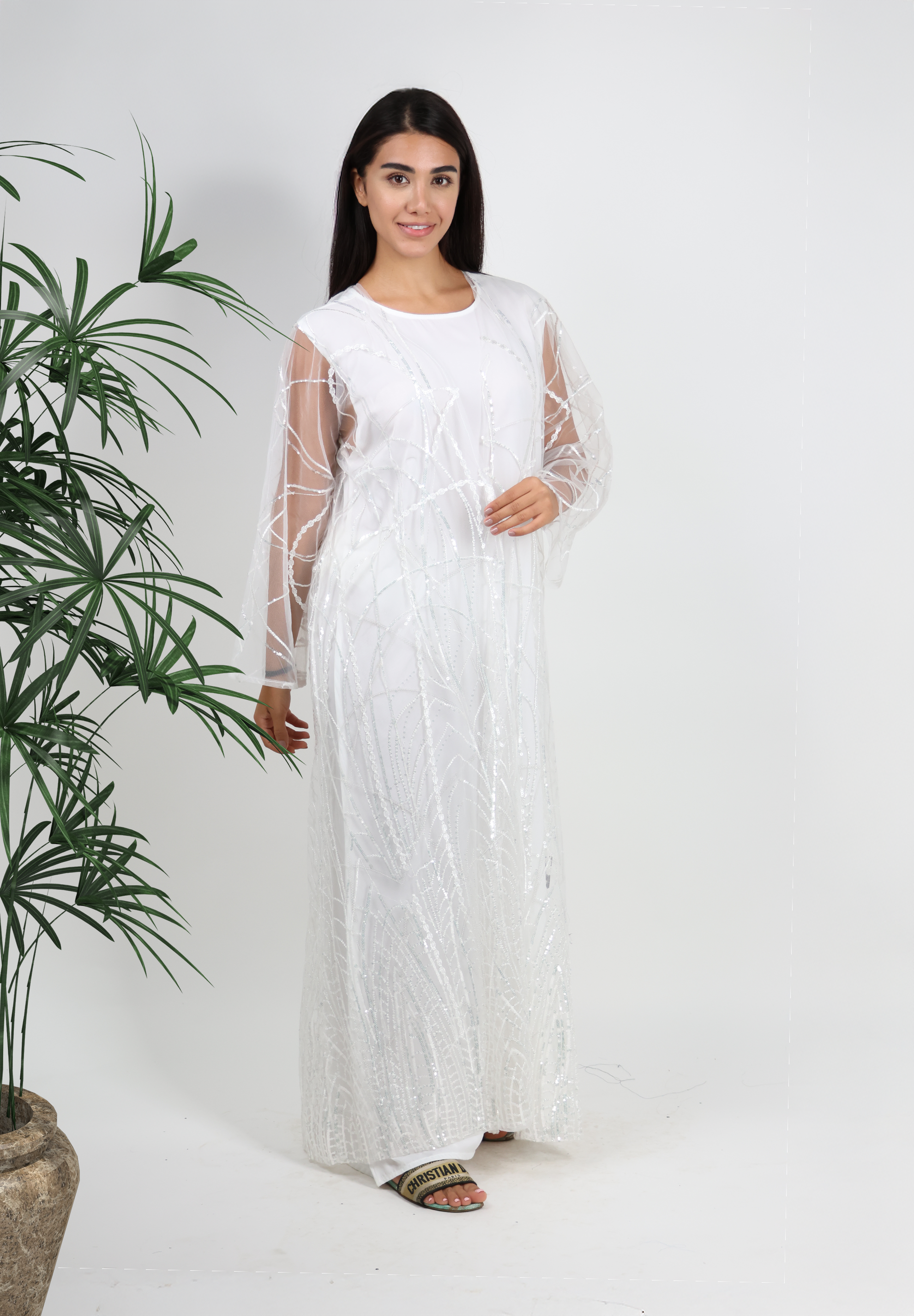 Radiant Sparkle White Abaya with Sheer Embellished Overlay