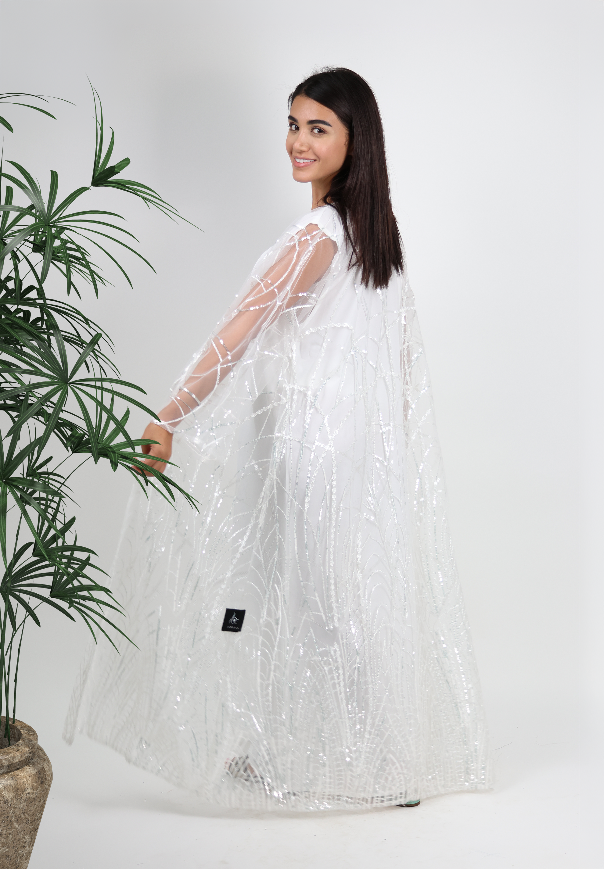 Radiant Sparkle White Abaya with Sheer Embellished Overlay