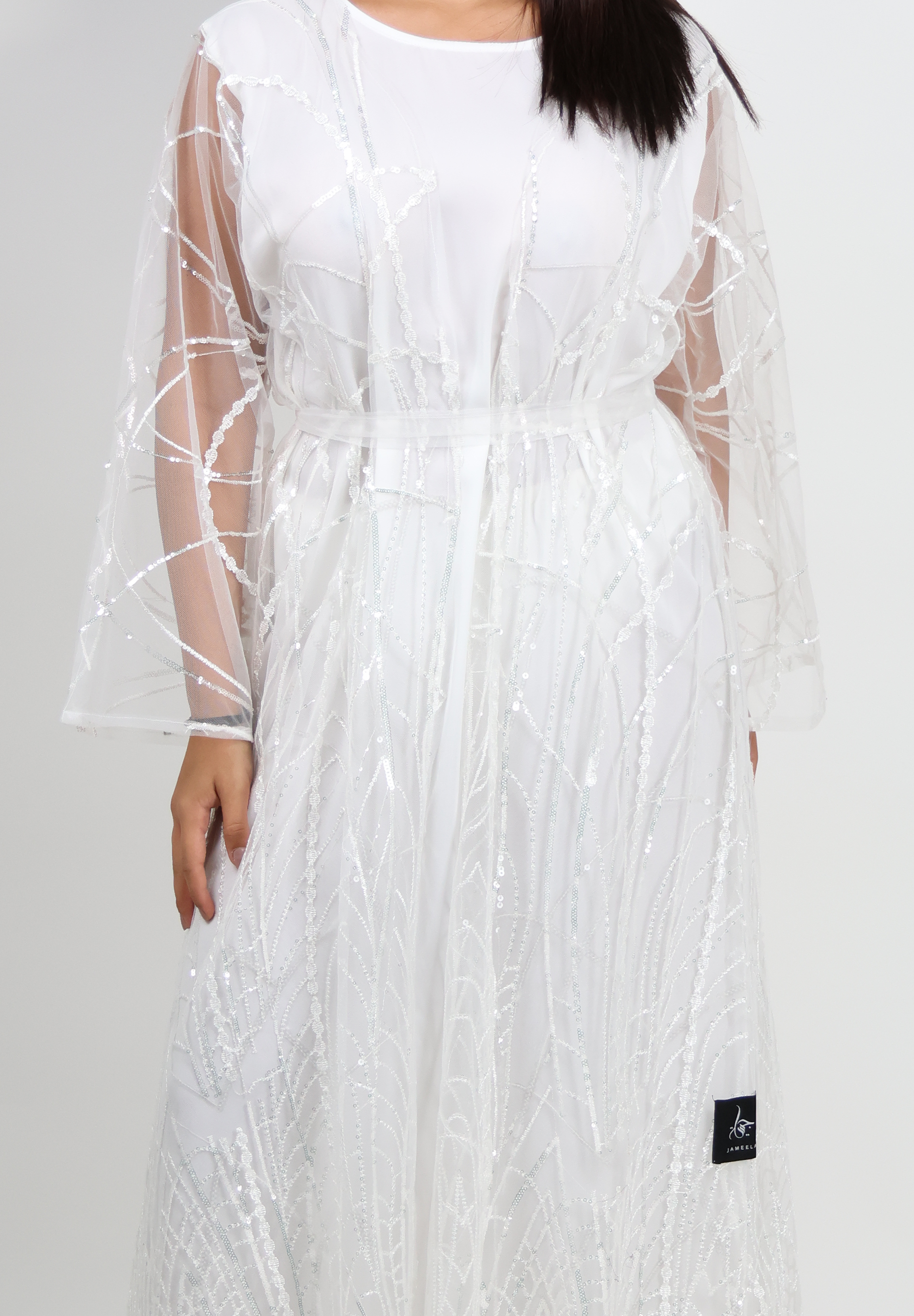Radiant Sparkle White Abaya with Sheer Embellished Overlay