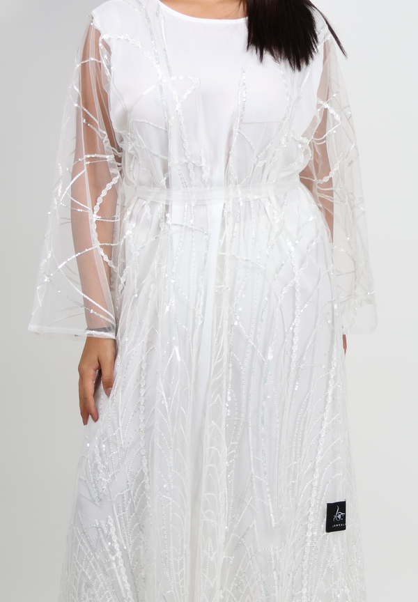 Radiant Sparkle White Abaya with Sheer Embellished Overlay