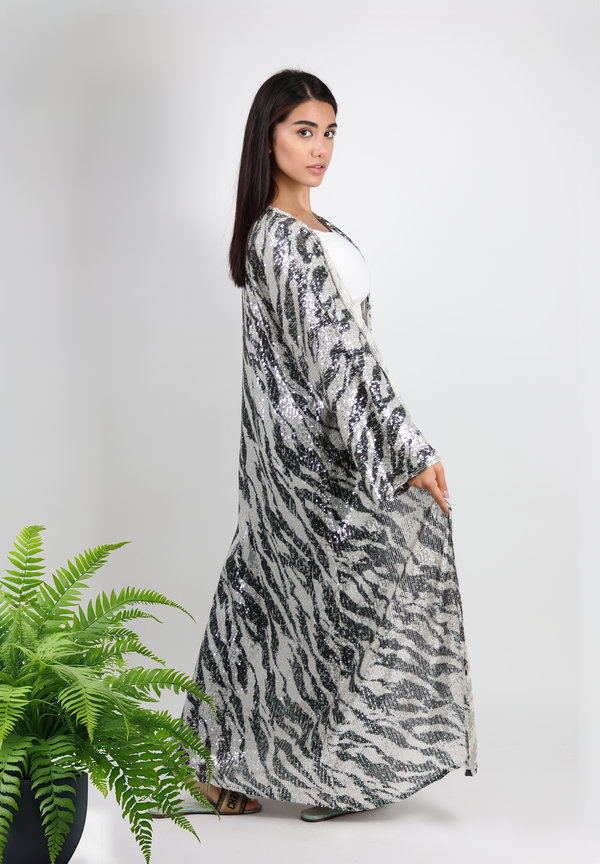Dazzling Zebra Sequin Abaya - Ultimate Glamour Statement