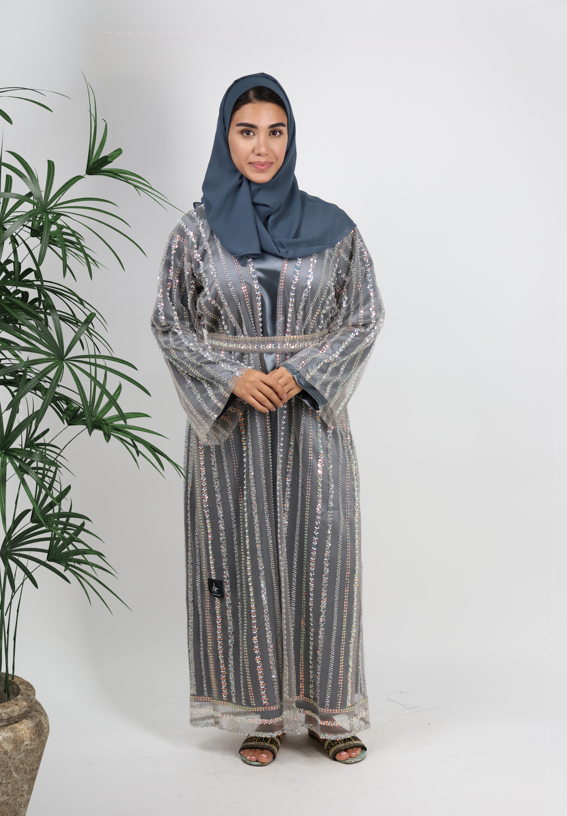 Dazzling Sequin Embellished Grey Abaya - Two-Piece Set