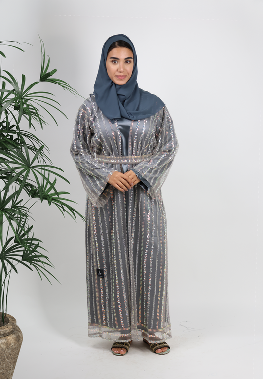 Dazzling Sequin Embellished Grey Abaya - Two-Piece Set