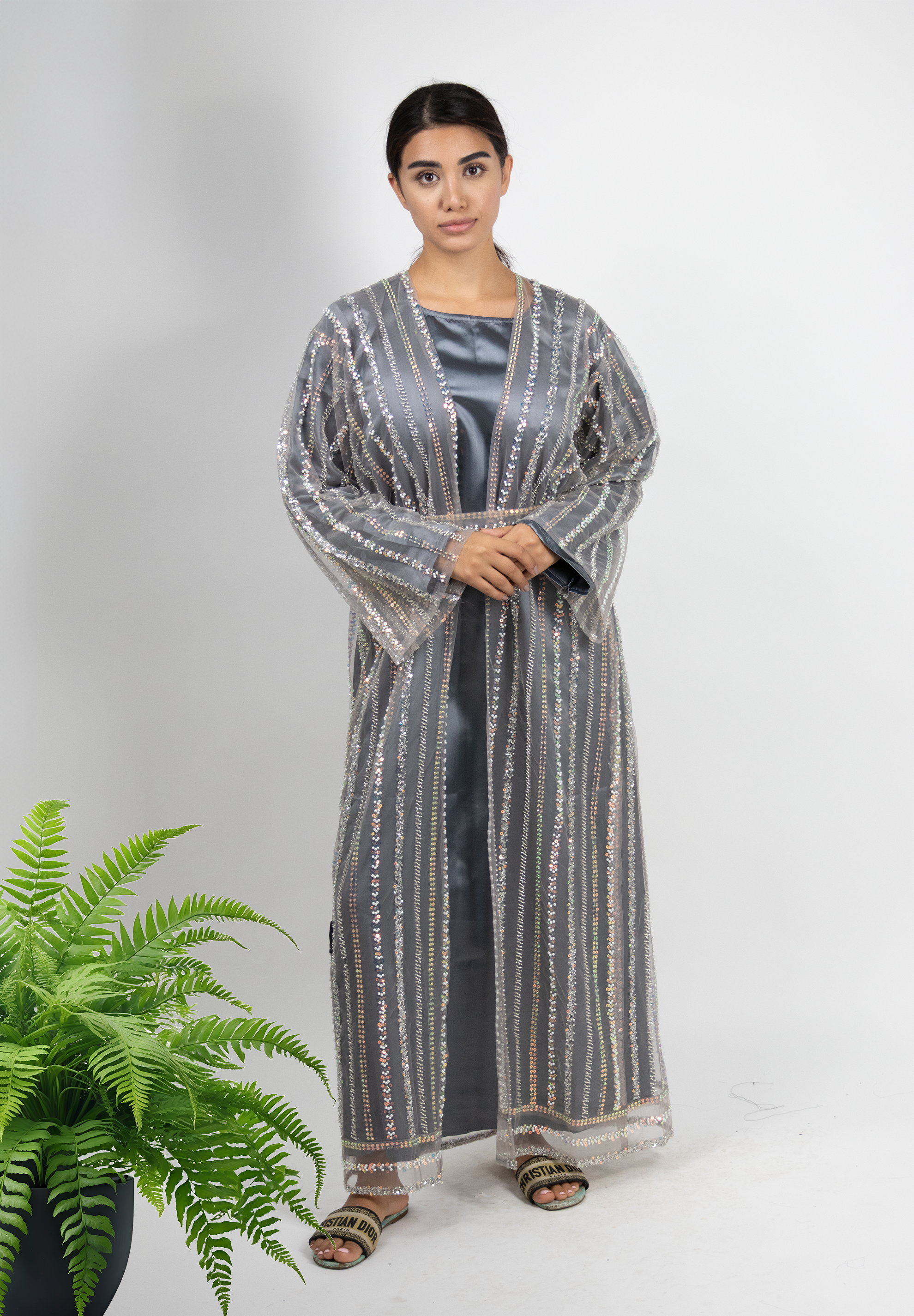 Dazzling Sequin Embellished Grey Abaya - Two-Piece Set