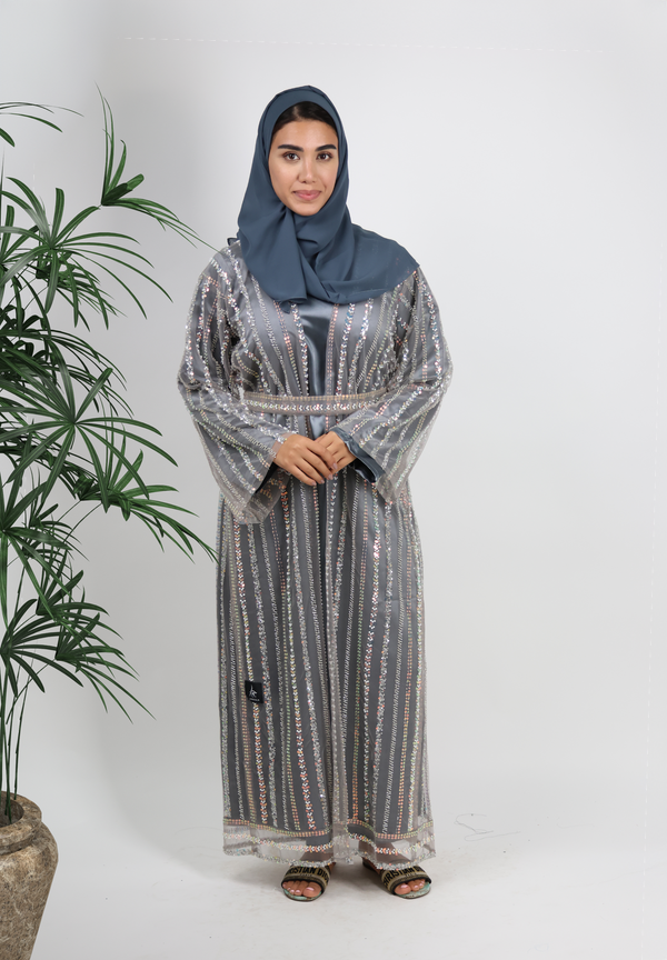Dazzling Sequin Embellished Grey Abaya - Two-Piece Set