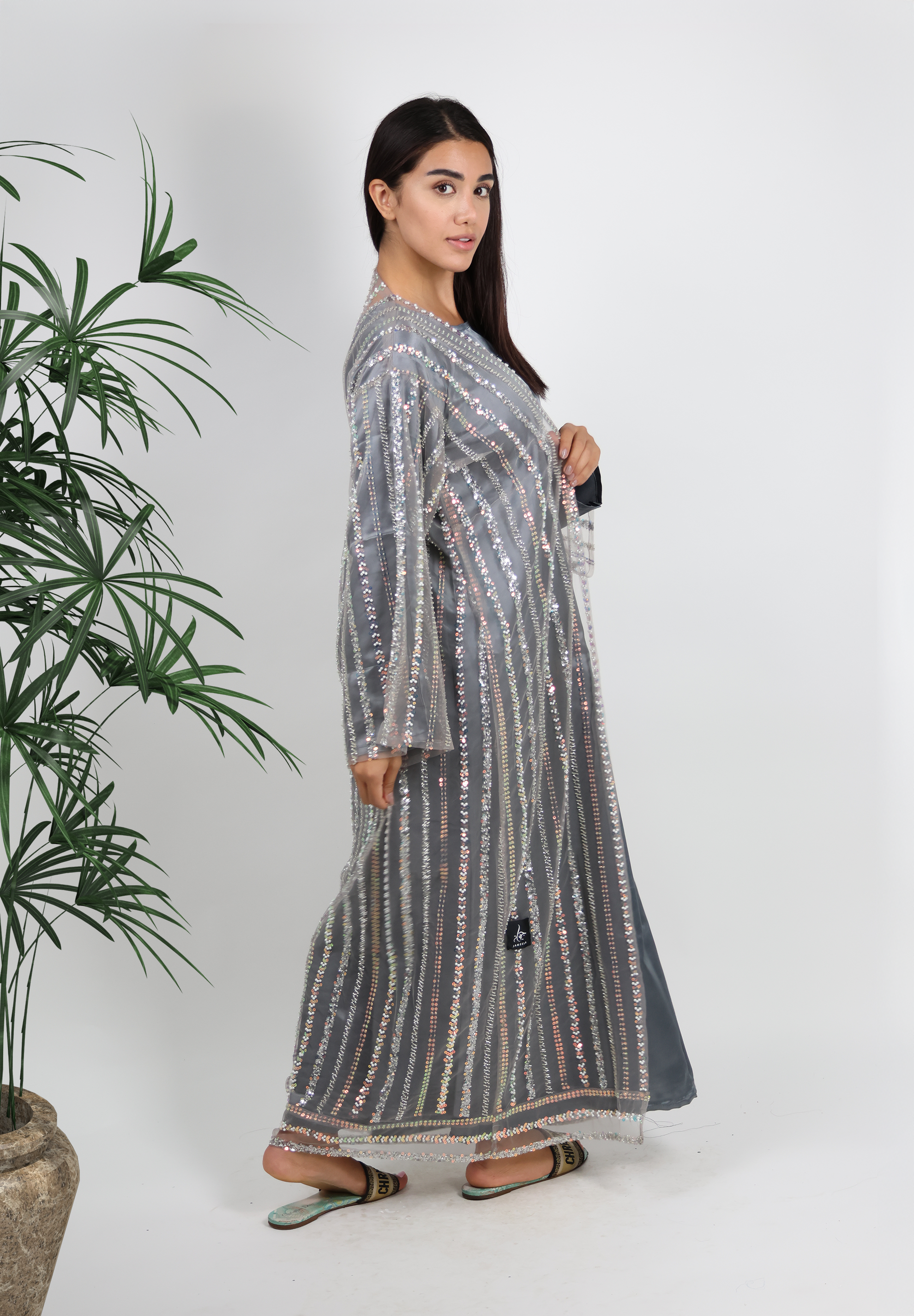 Dazzling Sequin Embellished Grey Abaya - Two-Piece Set