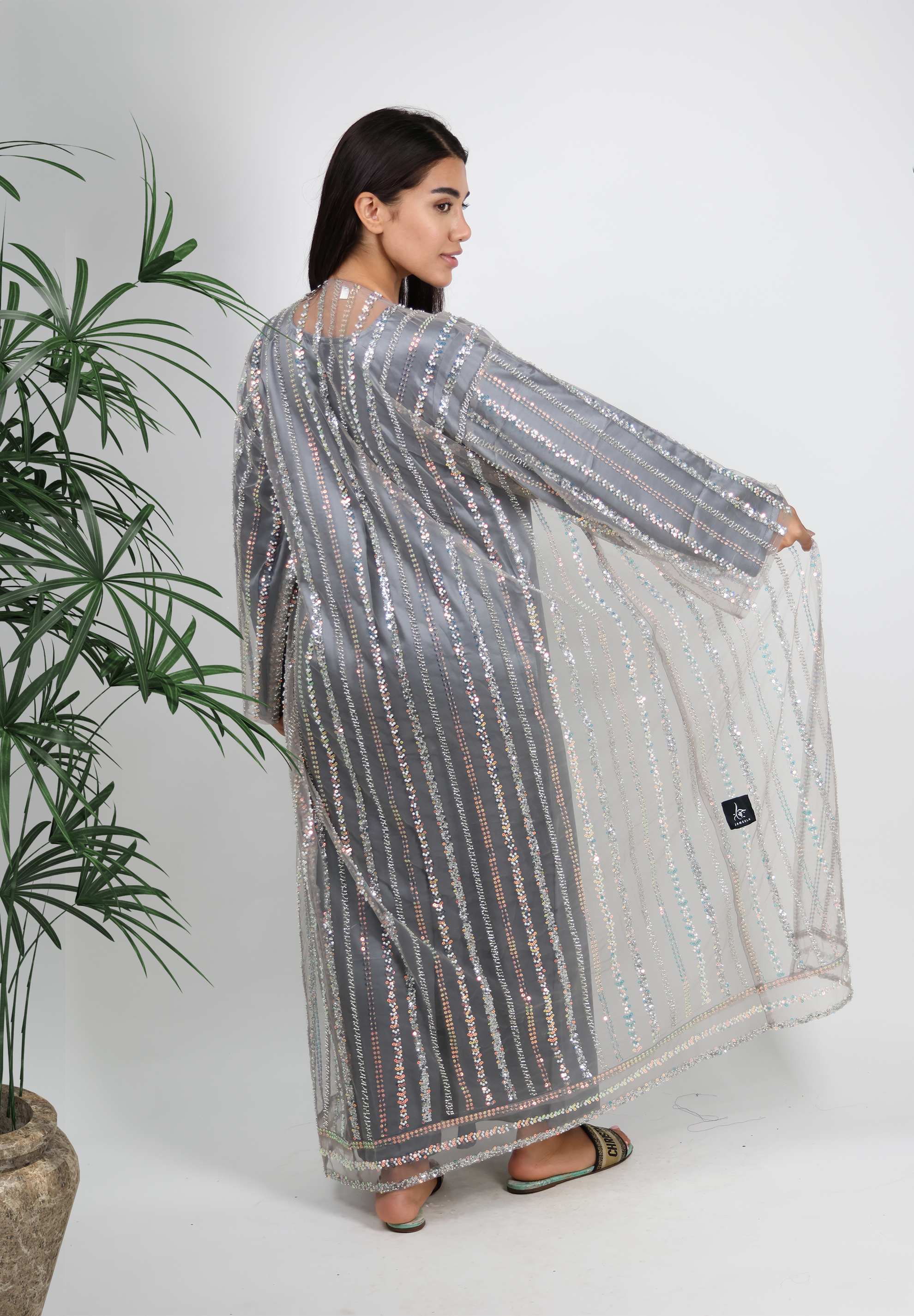 Dazzling Sequin Embellished Grey Abaya - Two-Piece Set