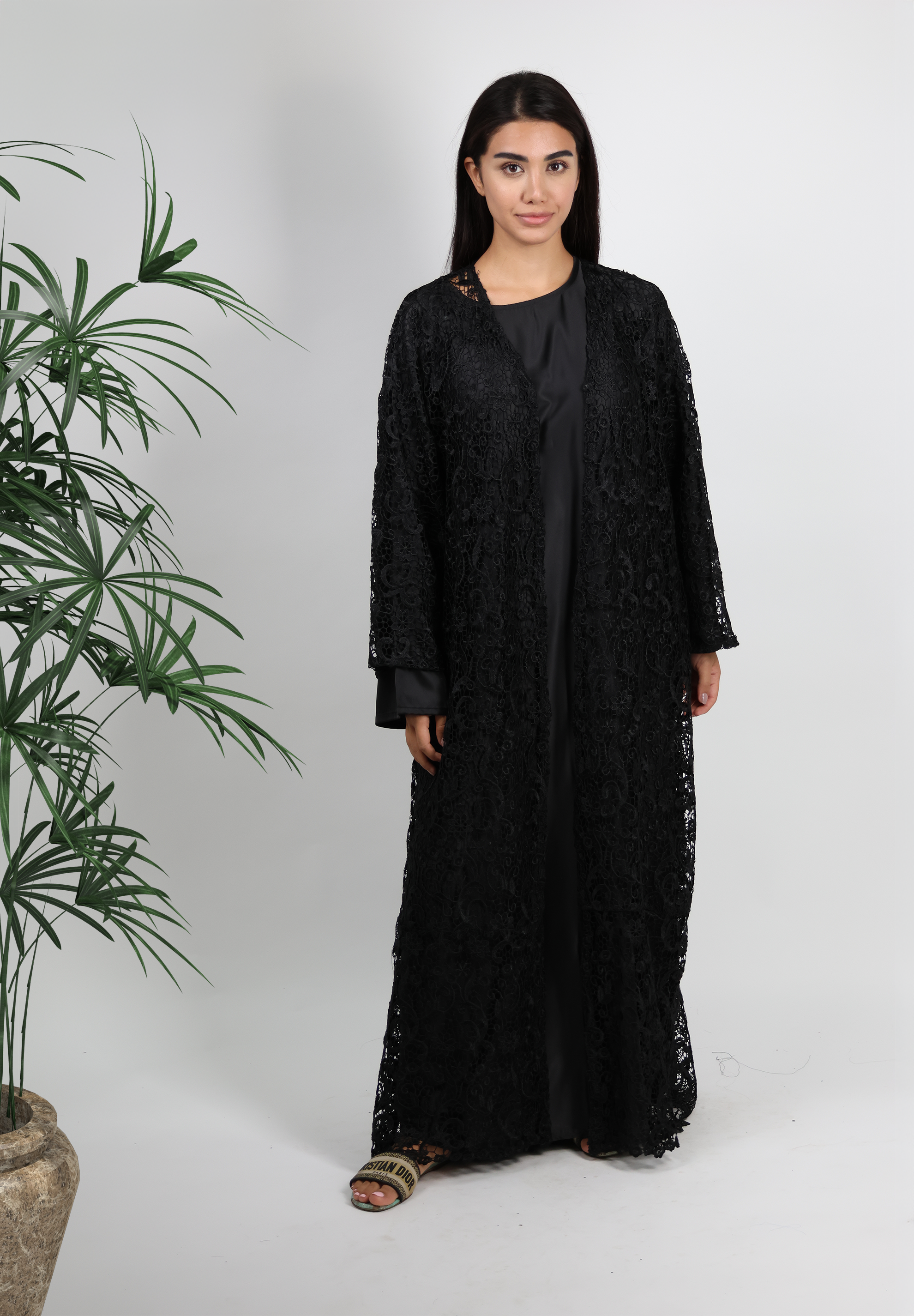 Exquisite Black Lace Overlay Abaya - Timeless Elegance