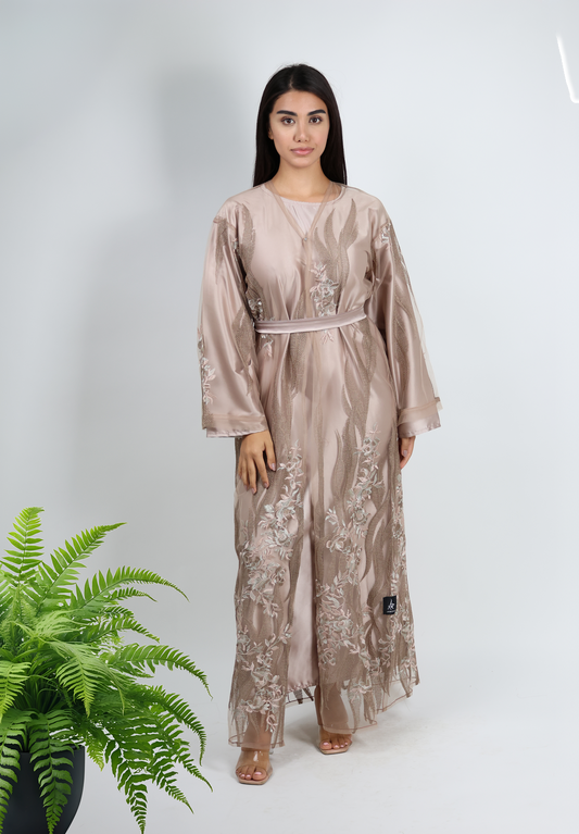 Ethereal Nude Embroidered Abaya - Delicate Floral Elegance