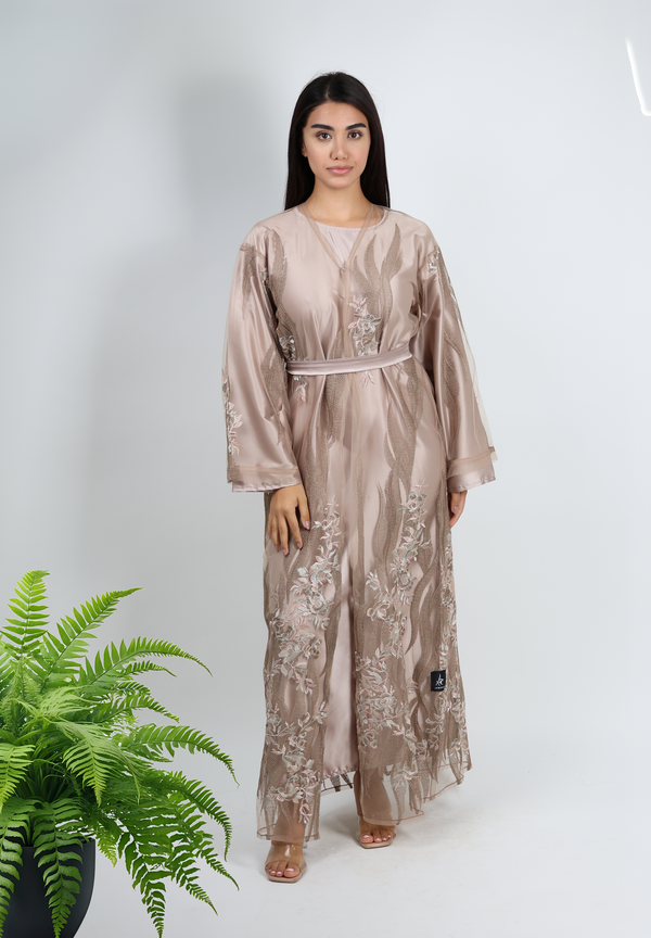 Ethereal Nude Embroidered Abaya - Delicate Floral Elegance