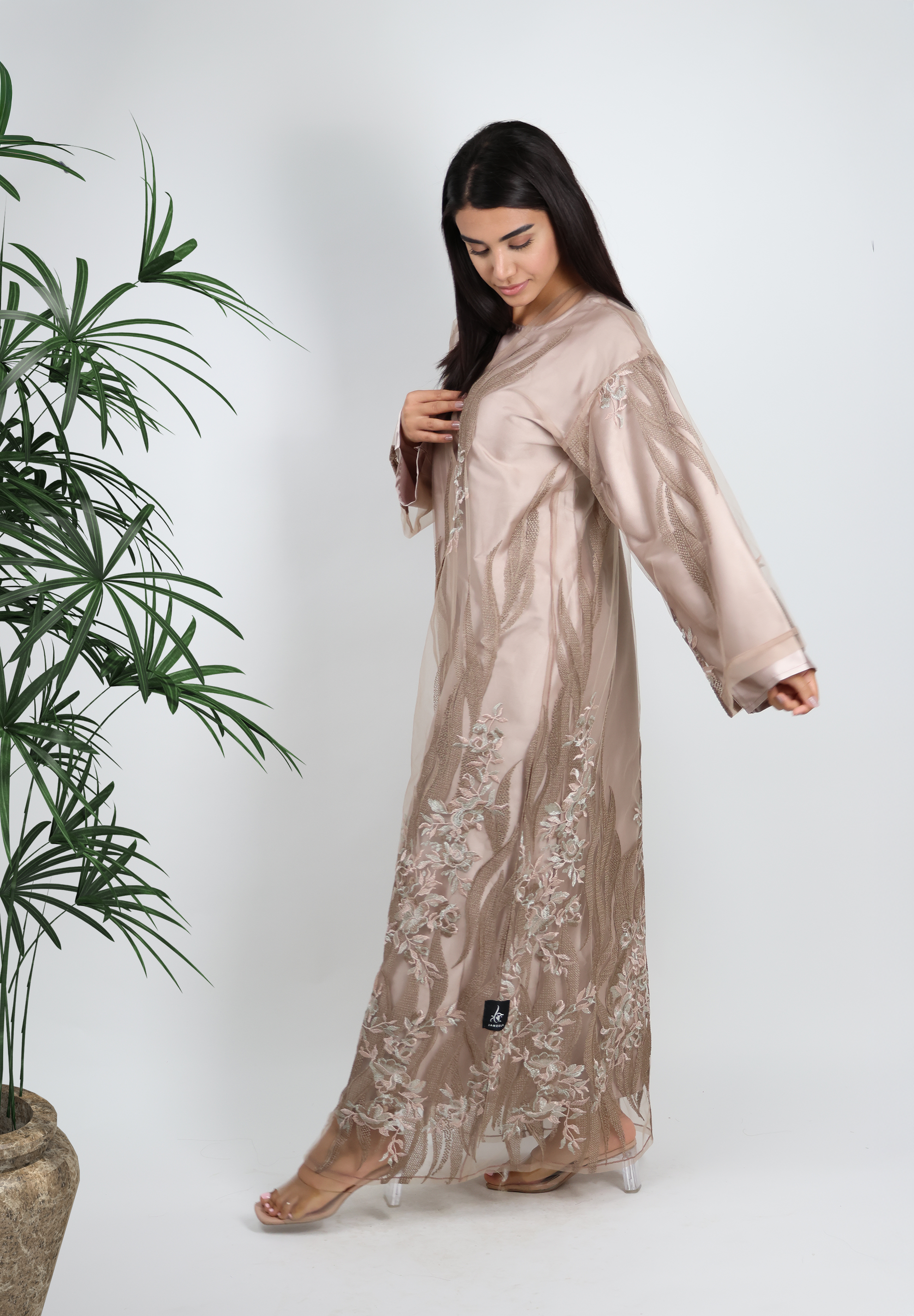 Ethereal Nude Embroidered Abaya - Delicate Floral Elegance