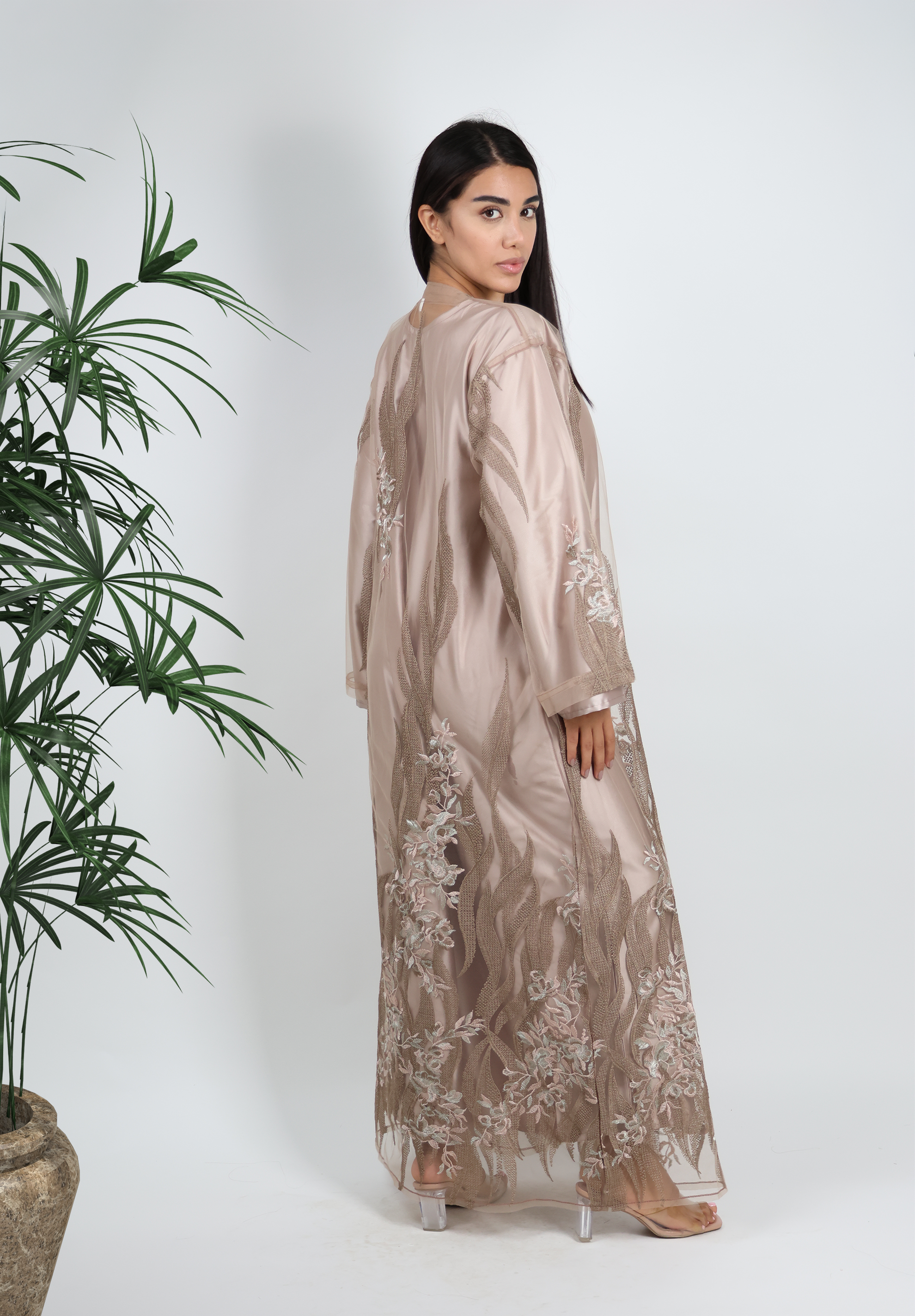 Ethereal Nude Embroidered Abaya - Delicate Floral Elegance