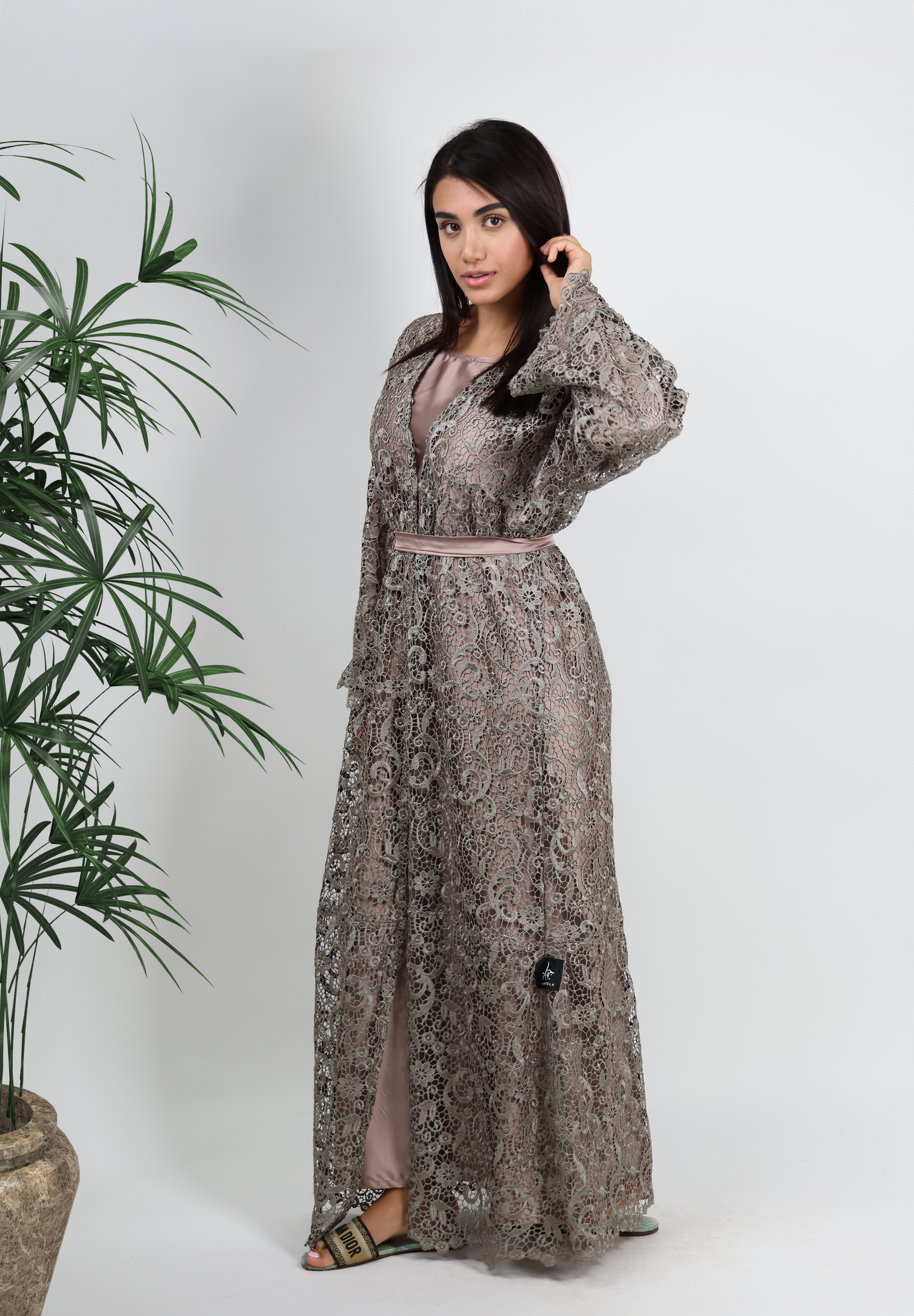 Elegant Latte Lace Overlay Abaya with Satin Belt