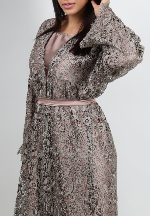 Elegant Latte Lace Overlay Abaya with Satin Belt