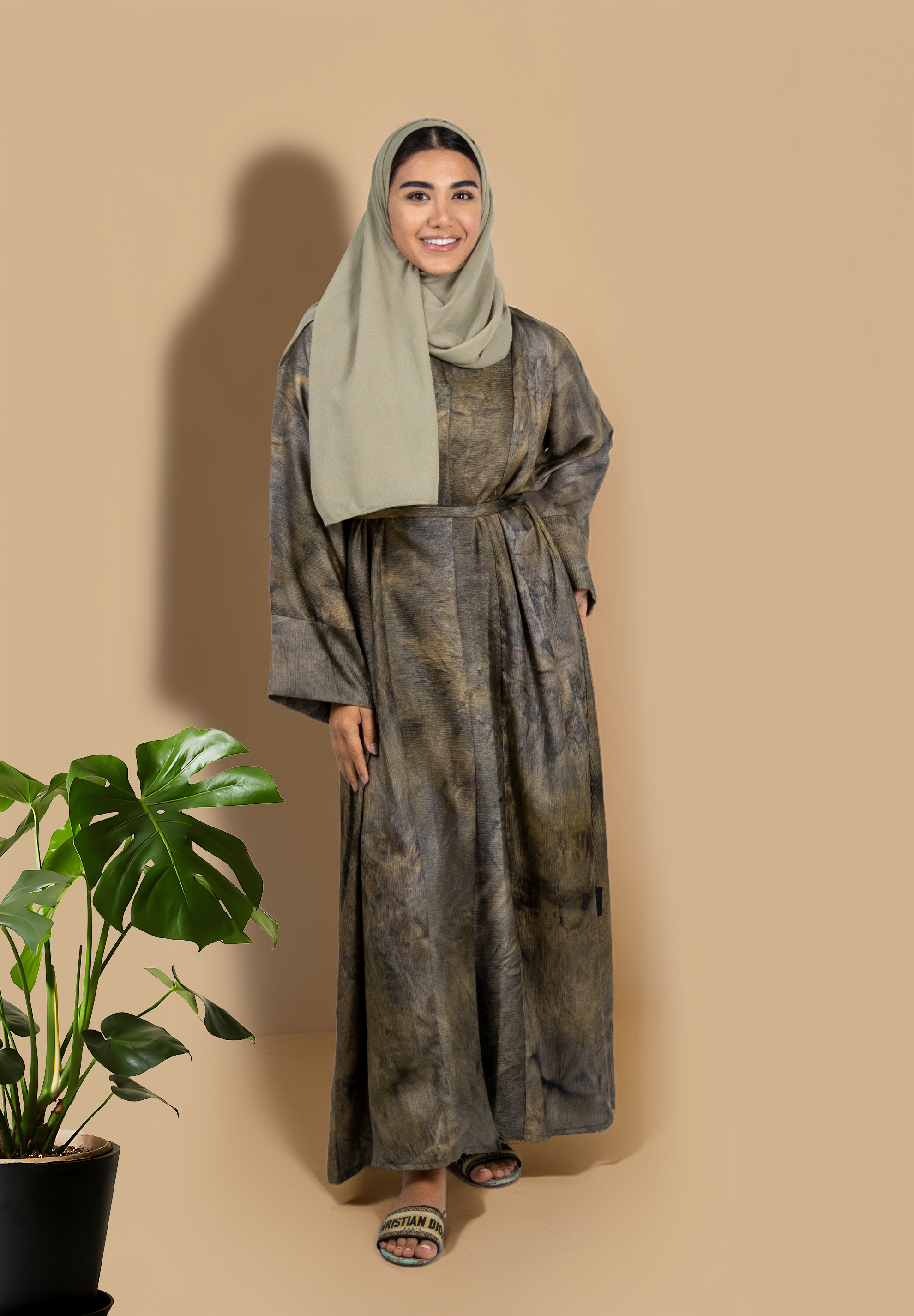 Artistic Earth-Toned Tie-Dye Abaya - Modern Bohemian Chic