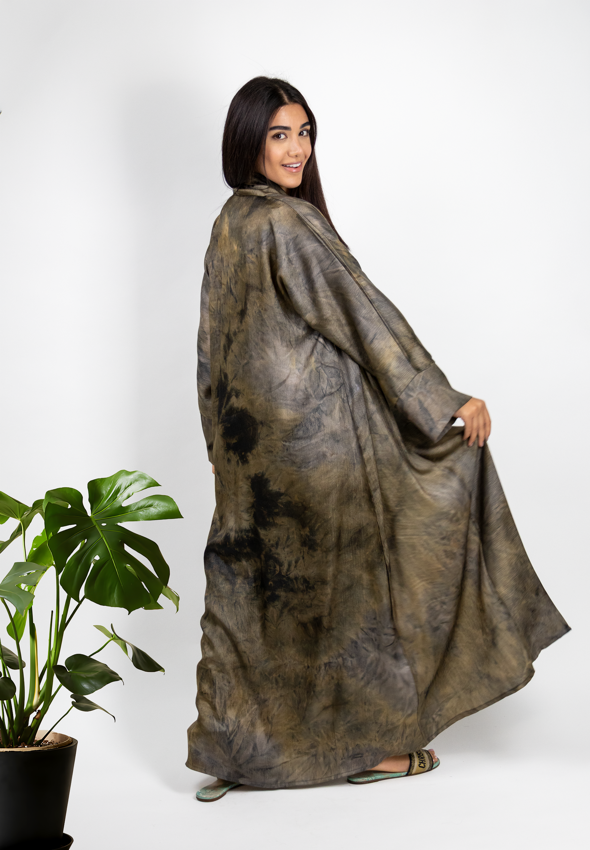 Artistic Earth-Toned Tie-Dye Abaya - Modern Bohemian Chic
