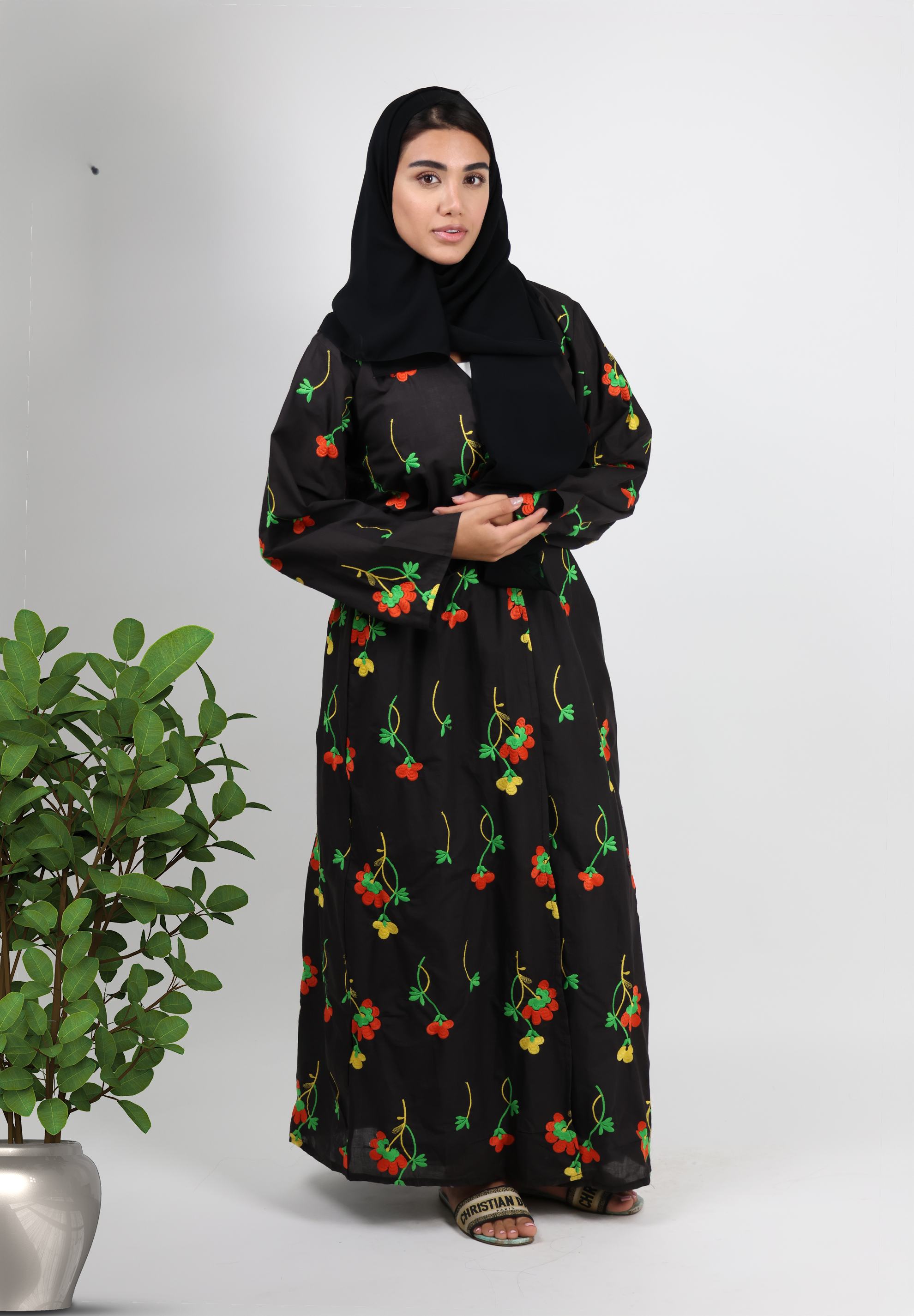 Charming Floral Embroidered Black National Day Abaya - Colorful Blossoms