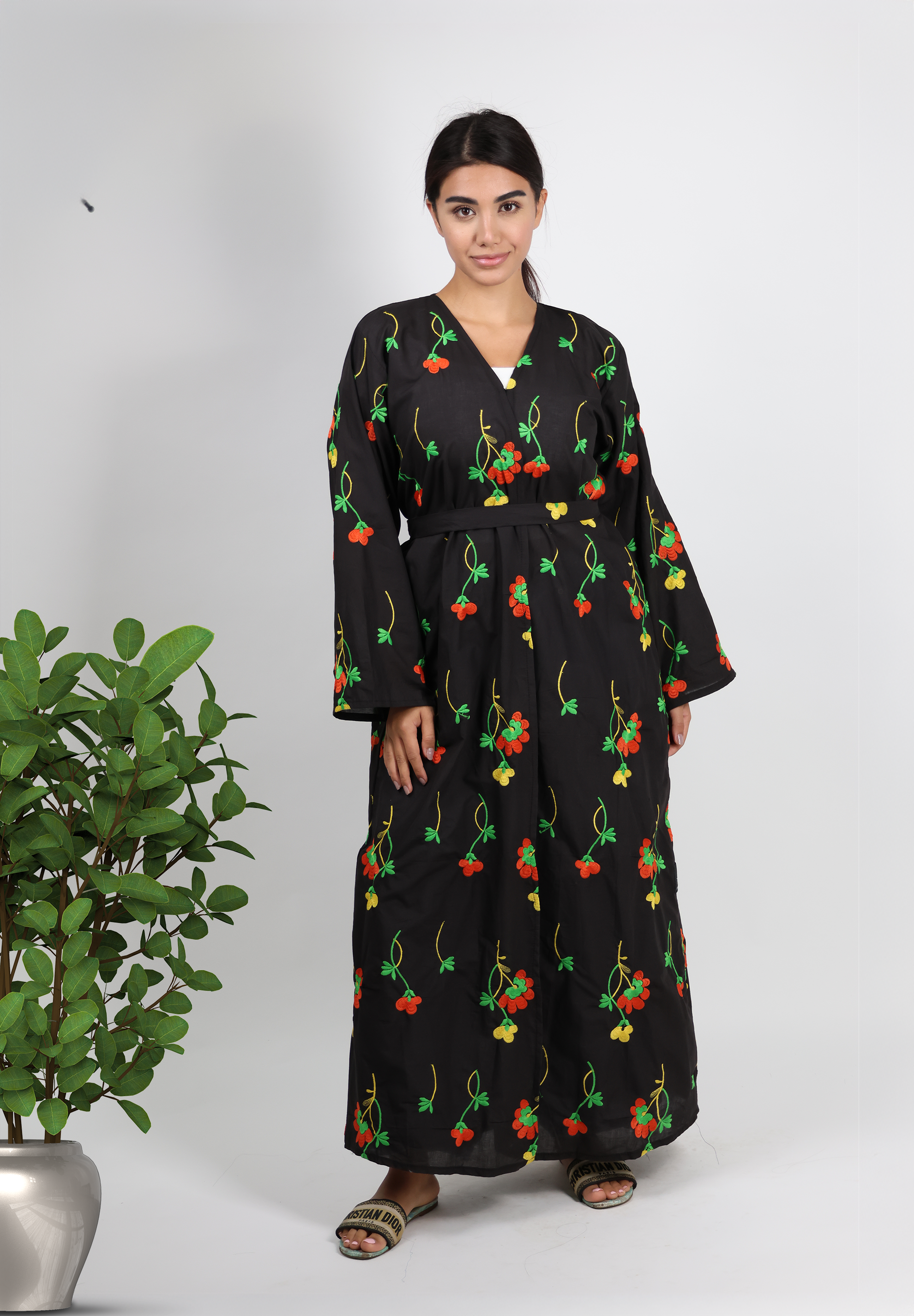 Charming Floral Embroidered Black National Day Abaya - Colorful Blossoms