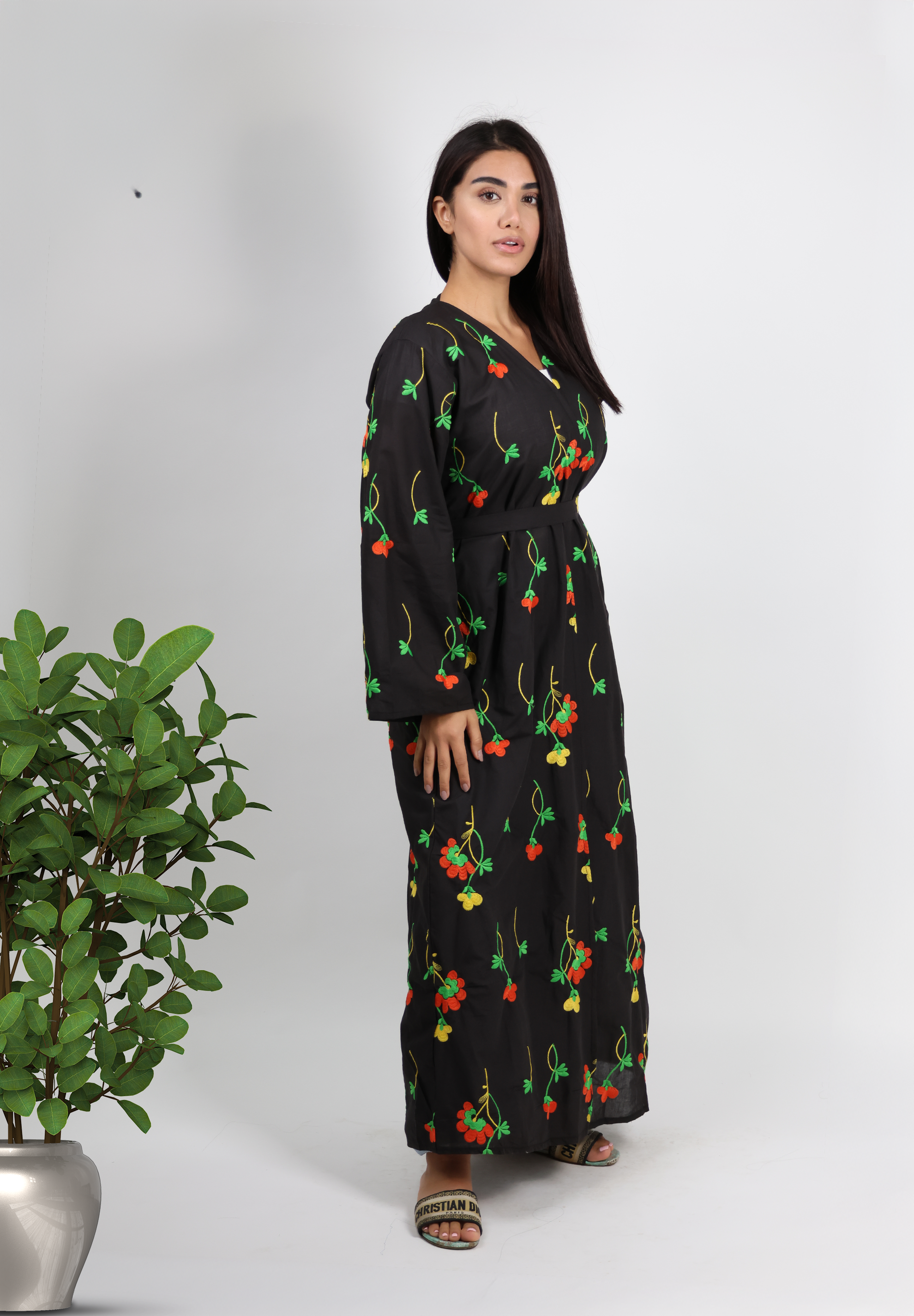 Charming Floral Embroidered Black National Day Abaya - Colorful Blossoms