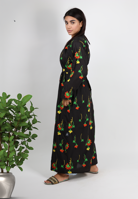 Charming Floral Embroidered Black National Day Abaya - Colorful Blossoms