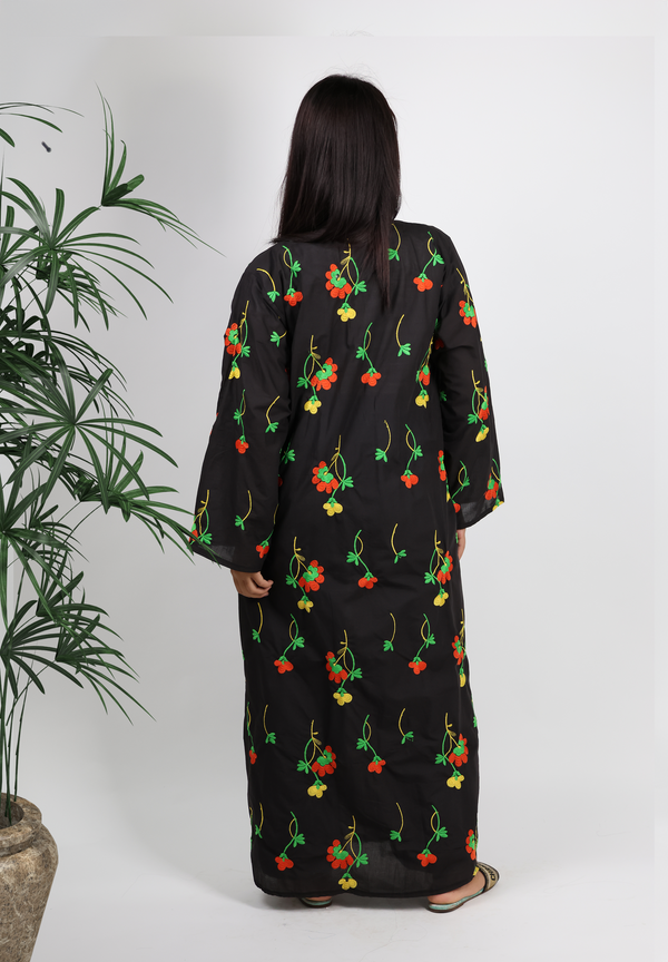 Charming Floral Embroidered Black National Day Abaya - Colorful Blossoms