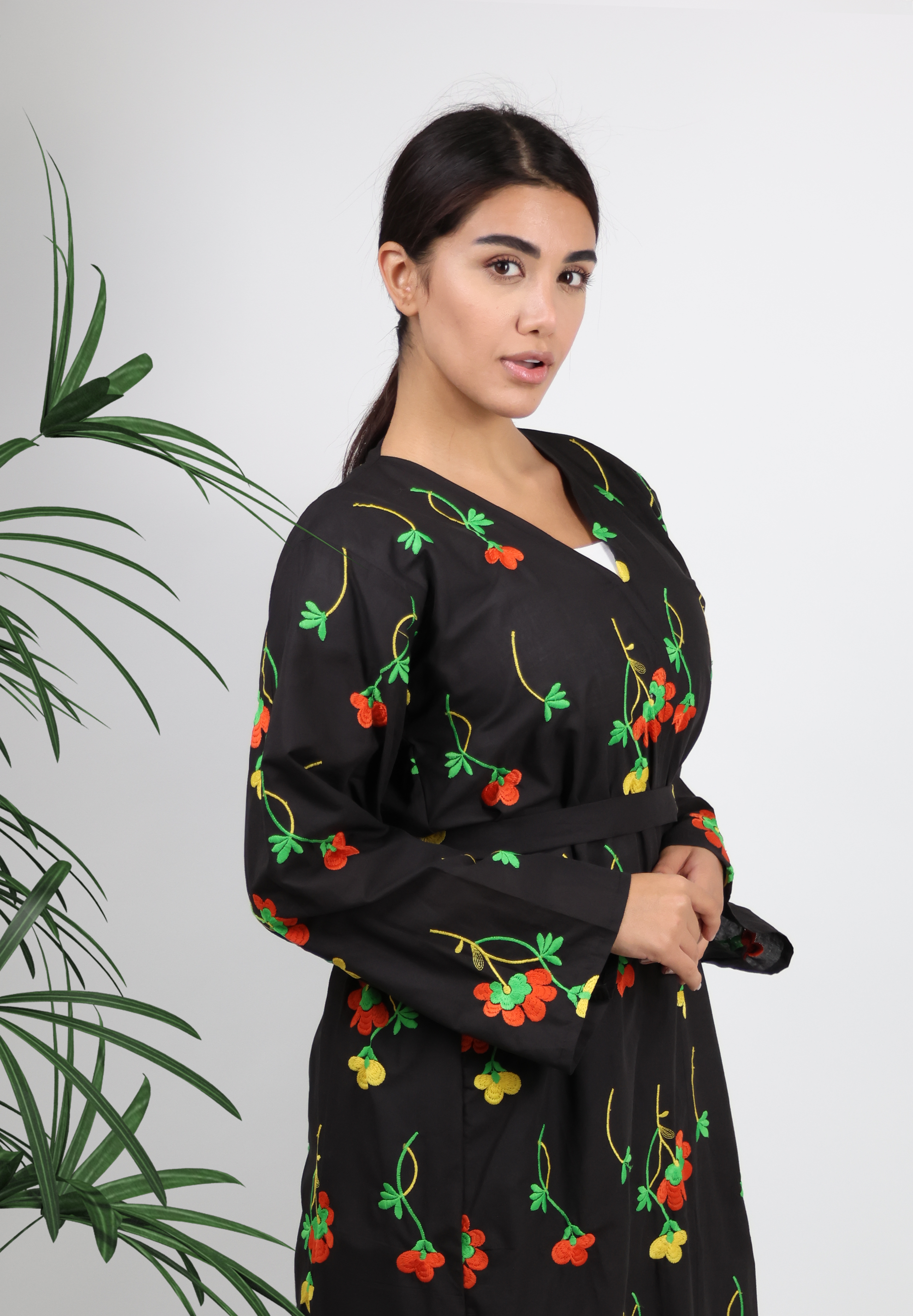 Charming Floral Embroidered Black National Day Abaya - Colorful Blossoms