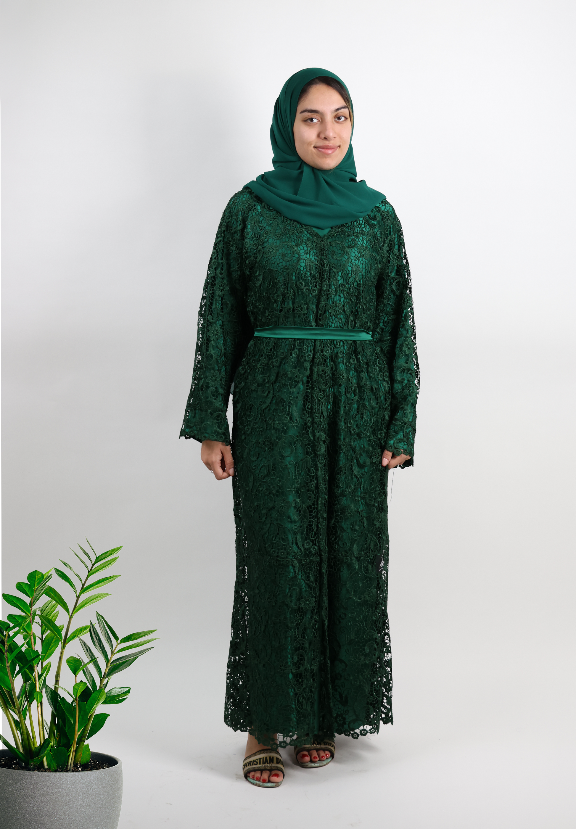 Emerald Green Lace & Sheer Layered Abaya Royal Noir Edition Jameela Emerald Green Lace & Sheer Layered Abaya Royal Noir Edition Jameela